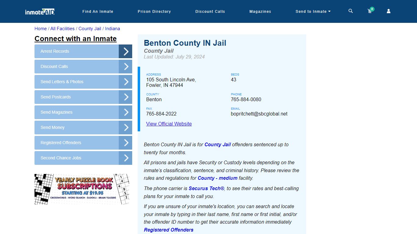 Benton County IN Jail - Inmate Locator